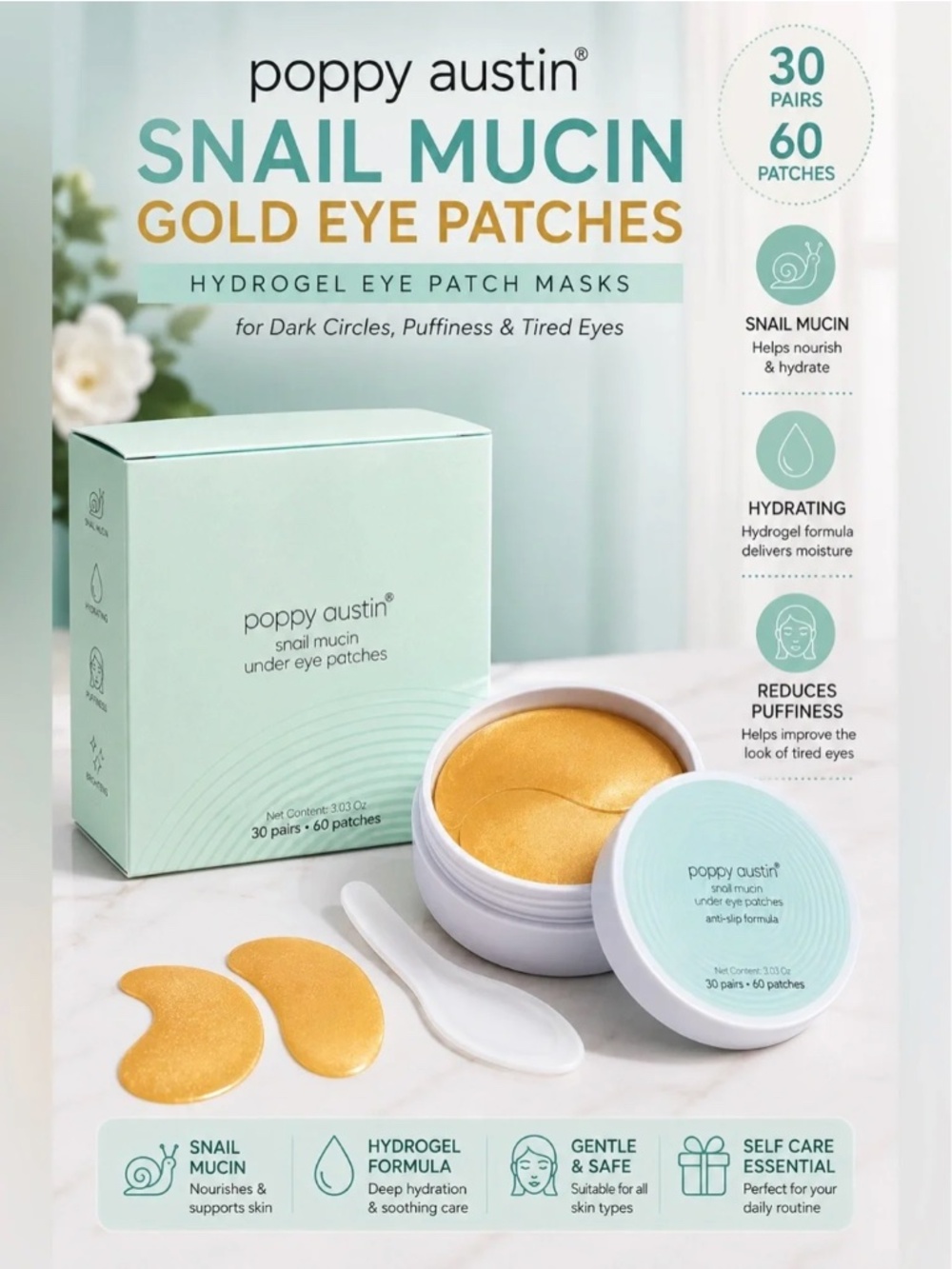 NEW Poppy Austin Snail Mucin Eye Patches 30 Pairs
